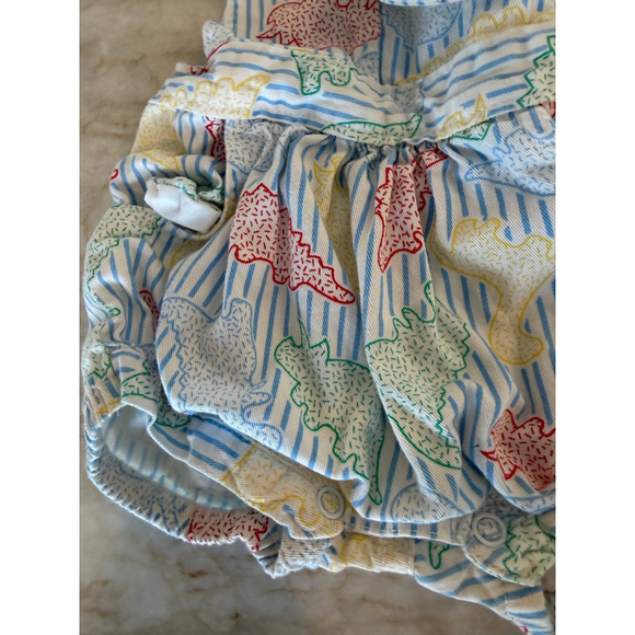 Vintage Baby Offspring Overalls 12 Months White Blue Striped Dinosaur Print - Picture 2 of 7